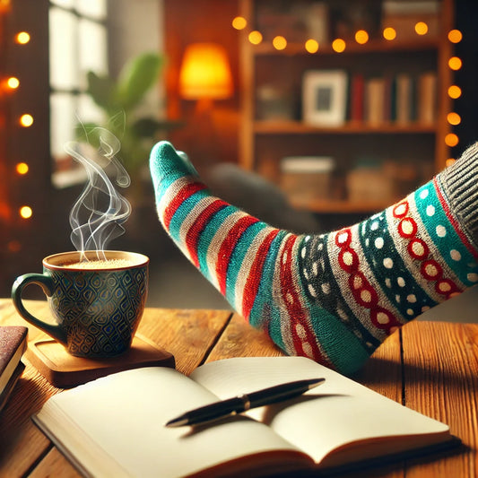 Bunte Socke auf Tisch mit Kaffee und Notizbuch